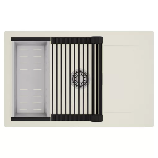 HD Onyx White 78-XL egymedencés mosogatótálca szett, matt fekete csepegtetőráccsal és krómozott kosárral, csepegtetőtálcával, tört fehér színben, szálcsiszolt króm leeresztő szifonnal