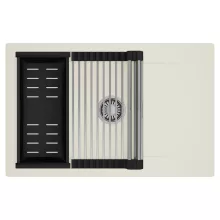 HD Onyx White 78-XL egymedencés mosogatótálca szett, acél csepegtetőráccsal és matt fekete kosárral, csepegtetőtálcával, tört fehér színben, szálcsiszolt króm leeresztő szifonnal