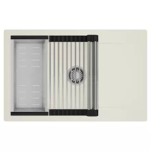 HD Onyx White 78-XL egymedencés mosogatótálca szett, acél csepegtetőráccsal és kosárral, csepegtetőtálcával, tört fehér színben, szálcsiszolt króm leeresztő szifonnal