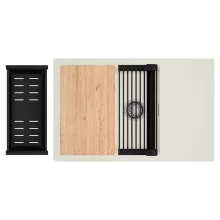 HD Onyx White 78-XL egymedencés mosogatótálca szett, vágódeszkával, matt fekete csepegtetőráccsal és kosárral, csepegtetőtálcával, tört fehér színben, szálcsiszolt króm leeresztő szifonnal