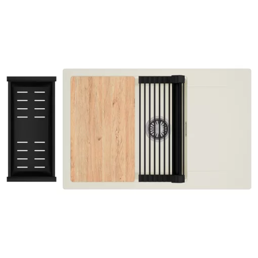 HD Onyx White 78-XL egymedencés mosogatótálca szett, vágódeszkával, matt fekete csepegtetőráccsal és kosárral, csepegtetőtálcával, tört fehér színben, szálcsiszolt króm leeresztő szifonnal