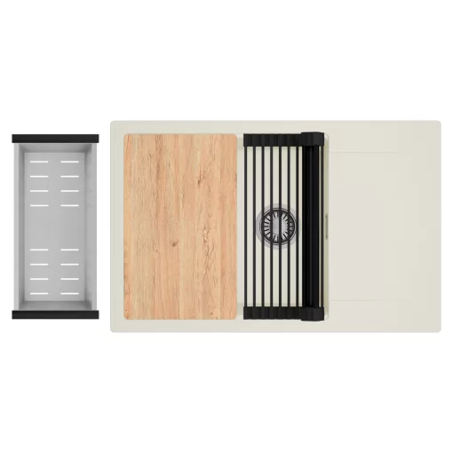 HD Onyx White 78-XL egymedencés mosogatótálca szett, vágódeszkával, matt fekete csepegtetőráccsal és krómozott kosárral, csepegtetőtálcával, tört fehér színben, szálcsiszolt króm leeresztő szifonnal