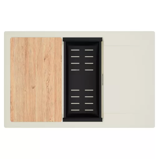 HD Onyx White 78-XL egymedencés mosogatótálca szett, vágódeszkával, matt fekete csepegtetőkosárral, csepegtetőtálcával, tört fehér színben, szálcsiszolt króm leeresztő szifonnal