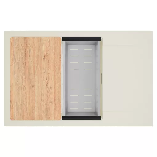 HD Onyx White 78-XL egymedencés mosogatótálca szett, vágódeszkával, acél csepegtetőkosárral, csepegtetőtálcával, tört fehér színben, szálcsiszolt króm leeresztő szifonnal