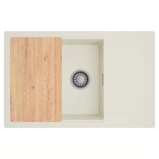 HD Onyx White 78-XL egymedencés mosogatótálca, vágódeszkával, csepegtetőtálcával, tört fehér színben, szálcsiszolt króm leeresztő szifonnal