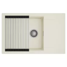 HD Onyx White 78-XL egymedencés mosogatótálca szett, acél csepegtetőráccsal, csepegtetőtálcával, tört fehér színben, szálcsiszolt króm leeresztő szifonnal