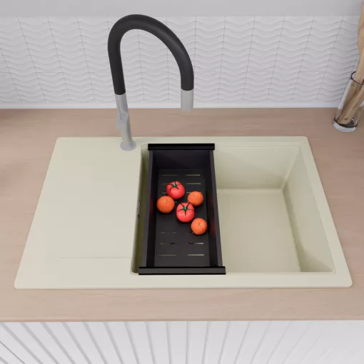 HD Onyx White 78-XL egymedencés mosogatótálca szett, matt fekete csepegtetőkosárral, csepegtetőtálcával, tört fehér színben, szálcsiszolt króm leeresztő szifonnal