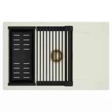 HD Onyx White 78-XL egymedencés mosogatótálca szett, matt fekete csepegtetőráccsal és kosárral, csepegtetőtálcával, tört fehér színben, szálcsiszolt arany leeresztő szifonnal