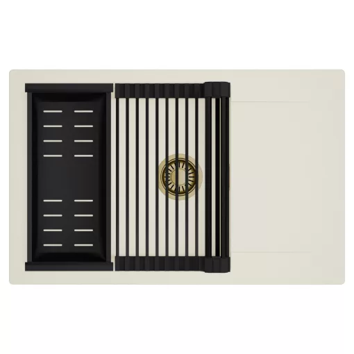 HD Onyx White 78-XL egymedencés mosogatótálca szett, matt fekete csepegtetőráccsal és kosárral, csepegtetőtálcával, tört fehér színben, szálcsiszolt arany leeresztő szifonnal