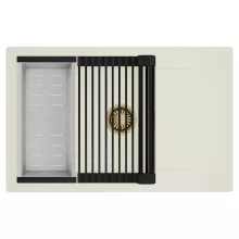 HD Onyx White 78-XL egymedencés mosogatótálca szett, matt fekete csepegtetőráccsal és krómozott kosárral, csepegtetőtálcával, tört fehér színben, szálcsiszolt arany leeresztő szifonnal