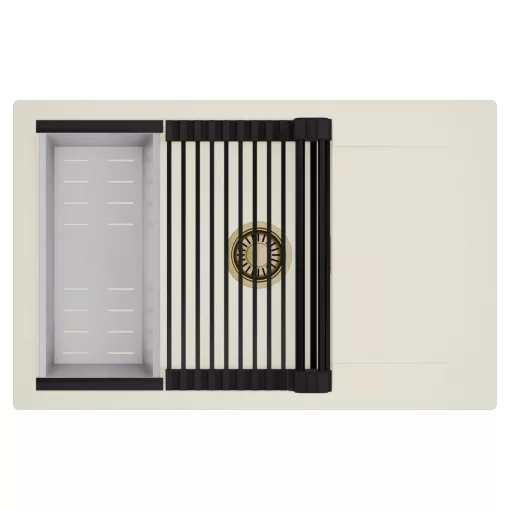 HD Onyx White 78-XL egymedencés mosogatótálca szett, matt fekete csepegtetőráccsal és krómozott kosárral, csepegtetőtálcával, tört fehér színben, szálcsiszolt arany leeresztő szifonnal