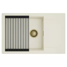 HD Onyx White 78-XL egymedencés mosogatótálca szett, matt fekete csepegtetőráccsal, csepegtetőtálcával, tört fehér színben, szálcsiszolt arany leeresztő szifonnal