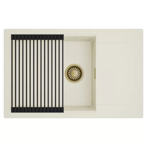 HD Onyx White 78-XL egymedencés mosogatótálca szett, matt fekete csepegtetőráccsal, csepegtetőtálcával, tört fehér színben, szálcsiszolt arany leeresztő szifonnal