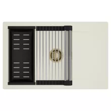 HD Onyx White 78-XL egymedencés mosogatótálca szett, acél csepegtetőráccsal és matt fekete kosárral, csepegtetőtálcával, tört fehér színben, szálcsiszolt arany leeresztő szifonnal