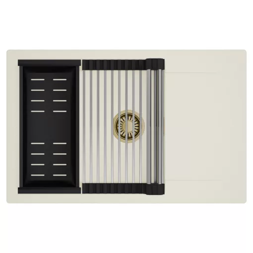 HD Onyx White 78-XL egymedencés mosogatótálca szett, acél csepegtetőráccsal és matt fekete kosárral, csepegtetőtálcával, tört fehér színben, szálcsiszolt arany leeresztő szifonnal