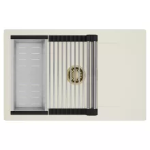 HD Onyx White 78-XL egymedencés mosogatótálca szett, acél csepegtetőráccsal és kosárral, csepegtetőtálcával, tört fehér színben, szálcsiszolt arany leeresztő szifonnal