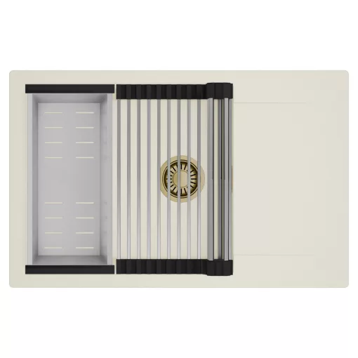 HD Onyx White 78-XL egymedencés mosogatótálca szett, acél csepegtetőráccsal és kosárral, csepegtetőtálcával, tört fehér színben, szálcsiszolt arany leeresztő szifonnal