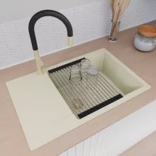 HD Onyx White 78-XL egymedencés mosogatótálca szett, acél csepegtetőráccsal és kosárral, csepegtetőtálcával, tört fehér színben, szálcsiszolt arany leeresztő szifonnal