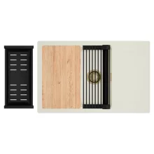 HD Onyx White 78-XL egymedencés mosogatótálca szett, vágódeszkával, matt fekete csepegtetőráccsal és kosárral, csepegtetőtálcával, tört fehér színben, szálcsiszolt arany leeresztő szifonnal