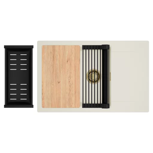 HD Onyx White 78-XL egymedencés mosogatótálca szett, vágódeszkával, matt fekete csepegtetőráccsal és kosárral, csepegtetőtálcával, tört fehér színben, szálcsiszolt arany leeresztő szifonnal