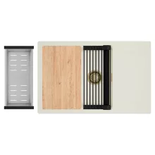 HD Onyx White 78-XL egymedencés mosogatótálca szett, vágódeszkával, matt fekete csepegtetőráccsal és krómozott kosárral, csepegtetőtálcával, tört fehér színben, szálcsiszolt arany leeresztő szifonnal