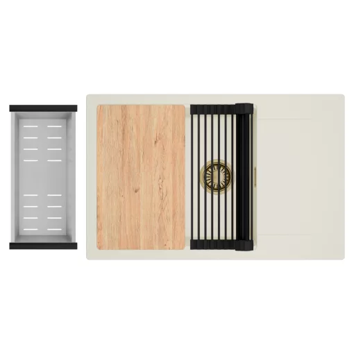 HD Onyx White 78-XL egymedencés mosogatótálca szett, vágódeszkával, matt fekete csepegtetőráccsal és krómozott kosárral, csepegtetőtálcával, tört fehér színben, szálcsiszolt arany leeresztő szifonnal