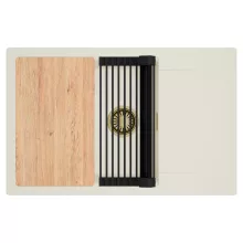 HD Onyx White 78-XL egymedencés mosogatótálca szett, vágódeszkával, matt fekete csepegtetőráccsal, csepegtetőtálcával, tört fehér színben, szálcsiszolt arany leeresztő szifonnal