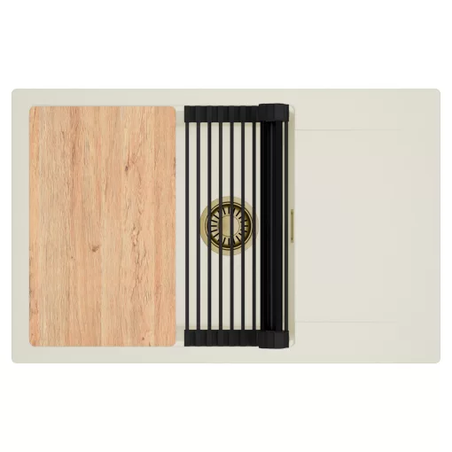 HD Onyx White 78-XL egymedencés mosogatótálca szett, vágódeszkával, matt fekete csepegtetőráccsal, csepegtetőtálcával, tört fehér színben, szálcsiszolt arany leeresztő szifonnal