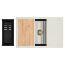 HD Onyx White 78-XL egymedencés mosogatótálca szett, vágódeszkával, acél csepegtetőráccsal és matt fekete kosárral, csepegtetőtálcával, tört fehér színben, szálcsiszolt arany leeresztő szifonnal