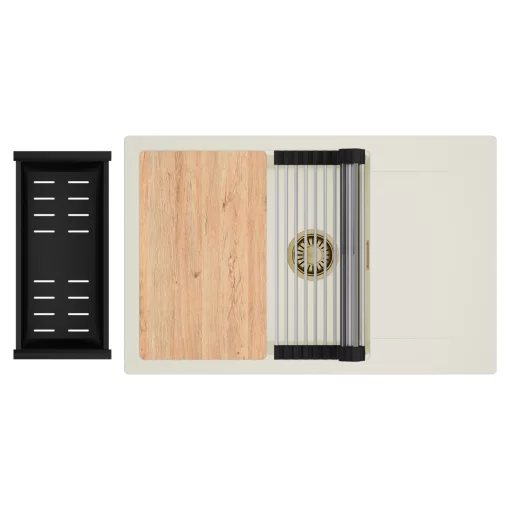 HD Onyx White 78-XL egymedencés mosogatótálca szett, vágódeszkával, acél csepegtetőráccsal és matt fekete kosárral, csepegtetőtálcával, tört fehér színben, szálcsiszolt arany leeresztő szifonnal