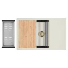 HD Onyx White 78-XL egymedencés mosogatótálca szett, vágódeszkával, acél csepegtetőráccsal és kosárral, csepegtetőtálcával, tört fehér színben, szálcsiszolt arany leeresztő szifonnal