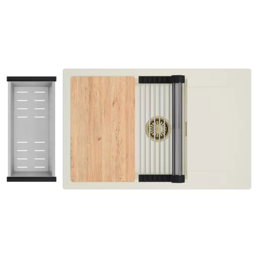 HD Onyx White 78-XL egymedencés mosogatótálca szett, vágódeszkával, acél csepegtetőráccsal és kosárral, csepegtetőtálcával, tört fehér színben, szálcsiszolt arany leeresztő szifonnal