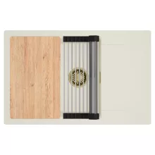 HD Onyx White 78-XL egymedencés mosogatótálca szett, vágódeszkával, acél csepegtetőráccsal, csepegtetőtálcával, tört fehér színben, szálcsiszolt arany leeresztő szifonnal