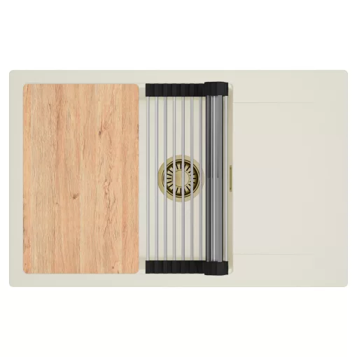 HD Onyx White 78-XL egymedencés mosogatótálca szett, vágódeszkával, acél csepegtetőráccsal, csepegtetőtálcával, tört fehér színben, szálcsiszolt arany leeresztő szifonnal