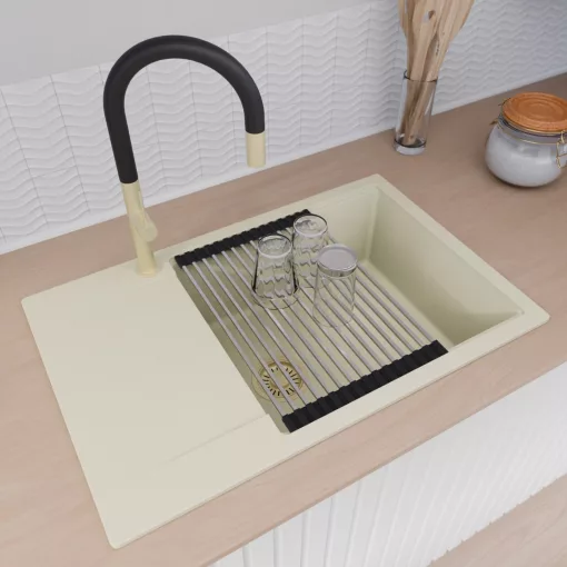 HD Onyx White 78-XL egymedencés mosogatótálca szett, vágódeszkával, acél csepegtetőráccsal, csepegtetőtálcával, tört fehér színben, szálcsiszolt arany leeresztő szifonnal