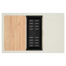 HD Onyx White 78-XL egymedencés mosogatótálca szett, vágódeszkával, matt fekete csepegtetőkosárral, csepegtetőtálcával, tört fehér színben, szálcsiszolt arany leeresztő szifonnal