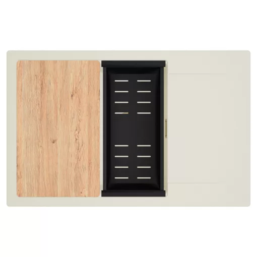 HD Onyx White 78-XL egymedencés mosogatótálca szett, vágódeszkával, matt fekete csepegtetőkosárral, csepegtetőtálcával, tört fehér színben, szálcsiszolt arany leeresztő szifonnal