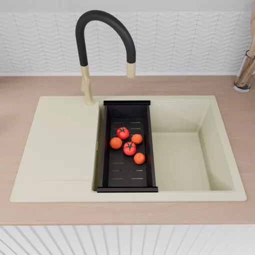 HD Onyx White 78-XL egymedencés mosogatótálca szett, vágódeszkával, matt fekete csepegtetőkosárral, csepegtetőtálcával, tört fehér színben, szálcsiszolt arany leeresztő szifonnal