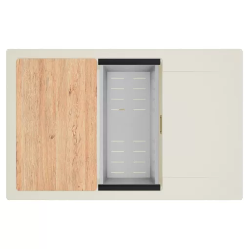 HD Onyx White 78-XL egymedencés mosogatótálca szett, vágódeszkával, acél csepegtetőkosárral, csepegtetőtálcával, tört fehér színben, szálcsiszolt arany leeresztő szifonnal