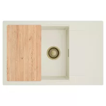 HD Onyx White 78-XL egymedencés mosogatótálca, vágódeszkával, csepegtetőtálcával, tört fehér színben, szálcsiszolt arany leeresztő szifonnal