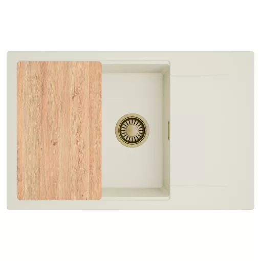 HD Onyx White 78-XL egymedencés mosogatótálca, vágódeszkával, csepegtetőtálcával, tört fehér színben, szálcsiszolt arany leeresztő szifonnal