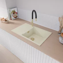 HD Onyx White 78-XL egymedencés mosogatótálca, vágódeszkával, csepegtetőtálcával, tört fehér színben, szálcsiszolt arany leeresztő szifonnal