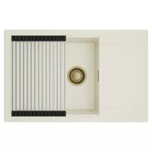 HD Onyx White 78-XL egymedencés mosogatótálca szett, acél csepegtetőráccsal, csepegtetőtálcával, tört fehér színben, szálcsiszolt arany leeresztő szifonnal