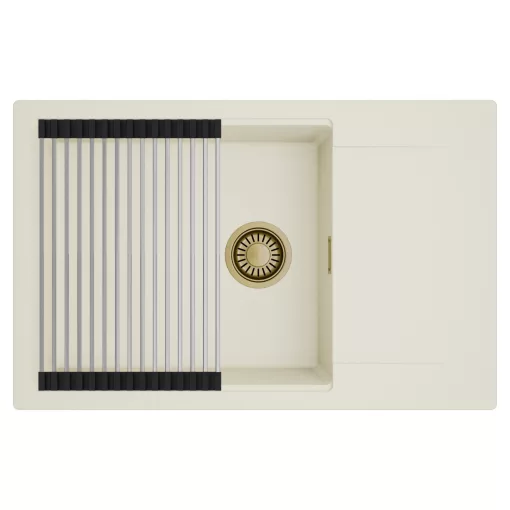 HD Onyx White 78-XL egymedencés mosogatótálca szett, acél csepegtetőráccsal, csepegtetőtálcával, tört fehér színben, szálcsiszolt arany leeresztő szifonnal