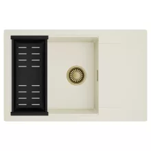 HD Onyx White 78-XL egymedencés mosogatótálca szett, matt fekete csepegtetőkosárral, csepegtetőtálcával, tört fehér színben, szálcsiszolt arany leeresztő szifonnal