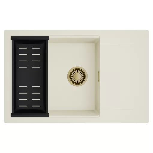 HD Onyx White 78-XL egymedencés mosogatótálca szett, matt fekete csepegtetőkosárral, csepegtetőtálcával, tört fehér színben, szálcsiszolt arany leeresztő szifonnal