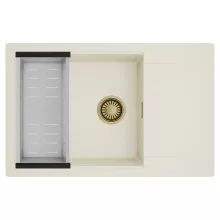 HD Onyx White 78-XL egymedencés mosogatótálca szett, acél csepegtetőkosárral, csepegtetőtálcával, tört fehér színben, szálcsiszolt arany leeresztő szifonnal