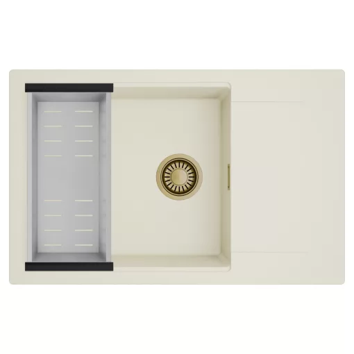 HD Onyx White 78-XL egymedencés mosogatótálca szett, acél csepegtetőkosárral, csepegtetőtálcával, tört fehér színben, szálcsiszolt arany leeresztő szifonnal