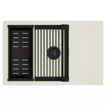 HD Onyx White 78-XL egymedencés mosogatótálca szett, matt fekete csepegtetőráccsal és kosárral, csepegtetőtálcával, tört fehér színben, matt fekete leeresztő szifonnal