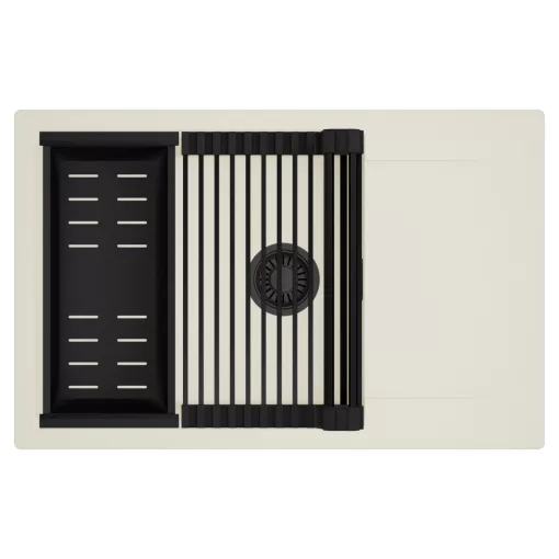 HD Onyx White 78-XL egymedencés mosogatótálca szett, matt fekete csepegtetőráccsal és kosárral, csepegtetőtálcával, tört fehér színben, matt fekete leeresztő szifonnal